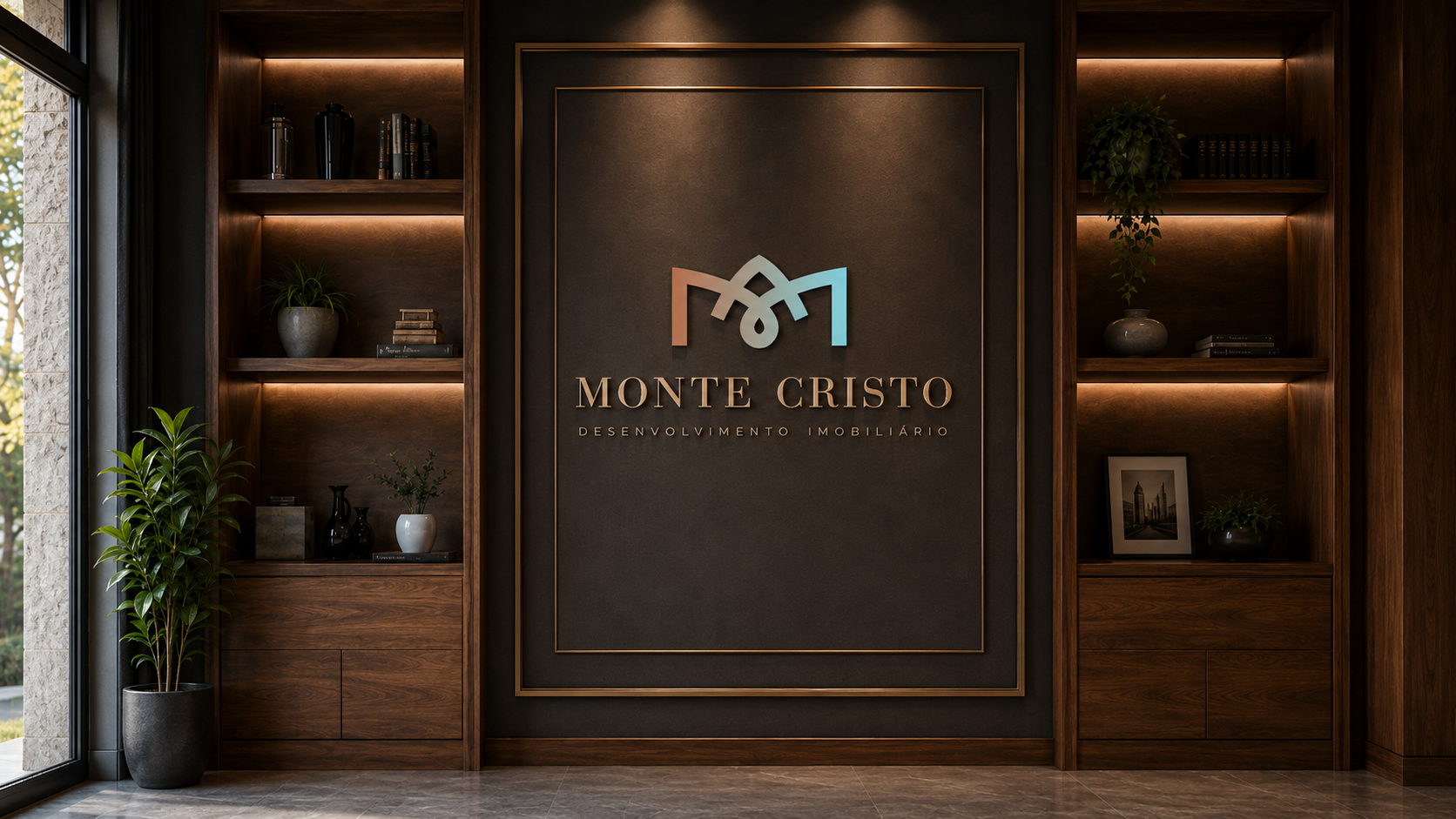 Recepção da Monte Cristo com o logotipo em destaque.